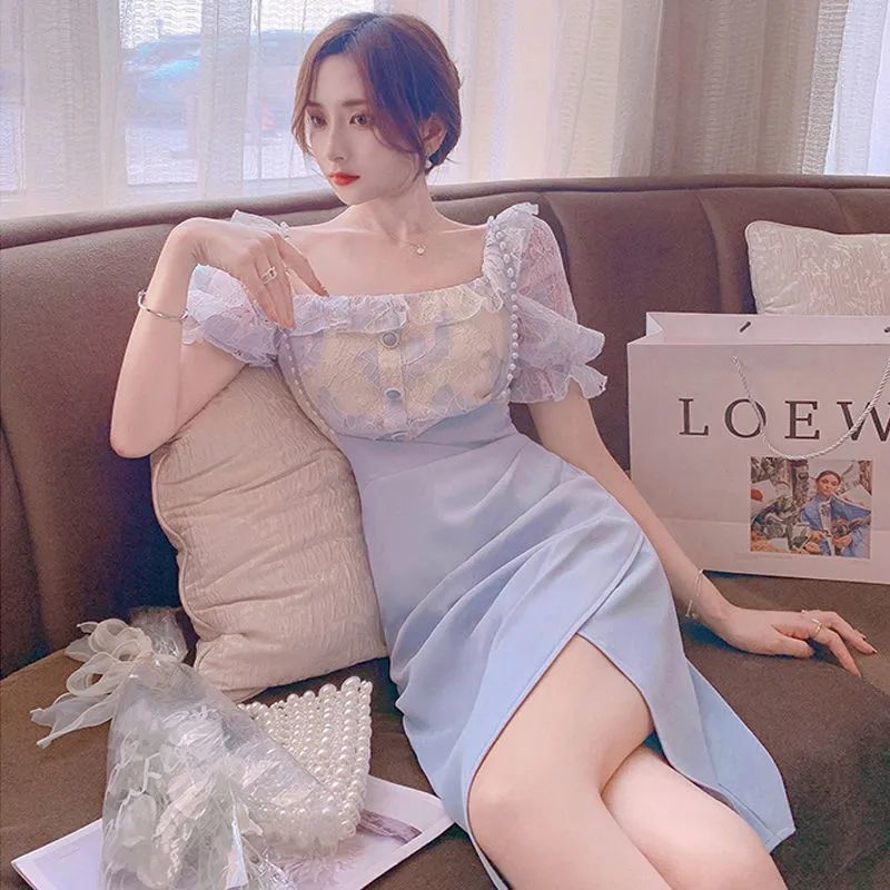 Robe en dentelle fendue à manc - Street Fashion Korean avis et prix
