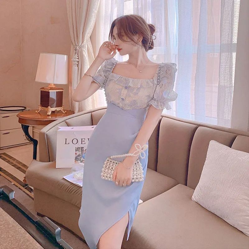 Robe en dentelle fendue à manc - Street Fashion Korean avis et prix